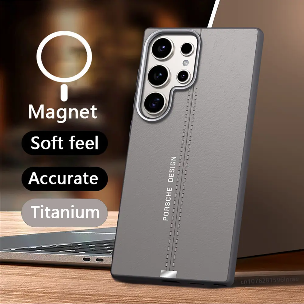 เคสโทรศัพท์แม่เหล็ก Magsafe หนังธุรกิจสุดหรูสำหรับ Samsung Galaxy S24 Ultra, S23Ultra, S22Ultra, กันกระแทก, ฝาครอบปุ่มโลหะ