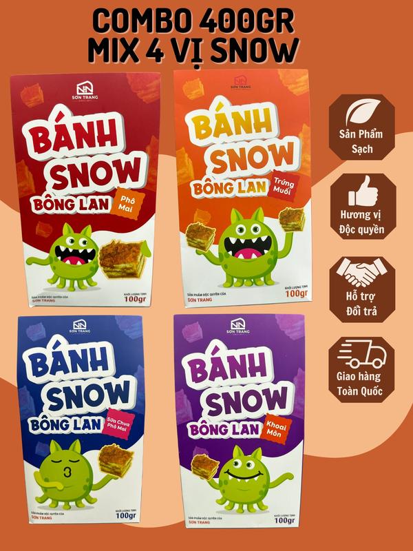 (A34) [COMBO 400GR MIX 4 VỊ SNOW] 100gr Snow Sữa Chua Phô Mai (8-9 bánh) + 100gr Snow Khoai Môn (8-9 bánh) + 100gr Snow Trứng Muối (8-9 bánh) + 100gr Snow Phô Mai Chà Bông (8-9 bánh), Đồ Ăn Vặt SNACK Food Thức Ăn Nuts Candy Cake