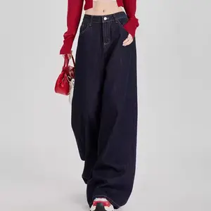 (S-6XL) Jeans wanita longgar pinggang tinggi warna solid kaki lebar ukuran besar