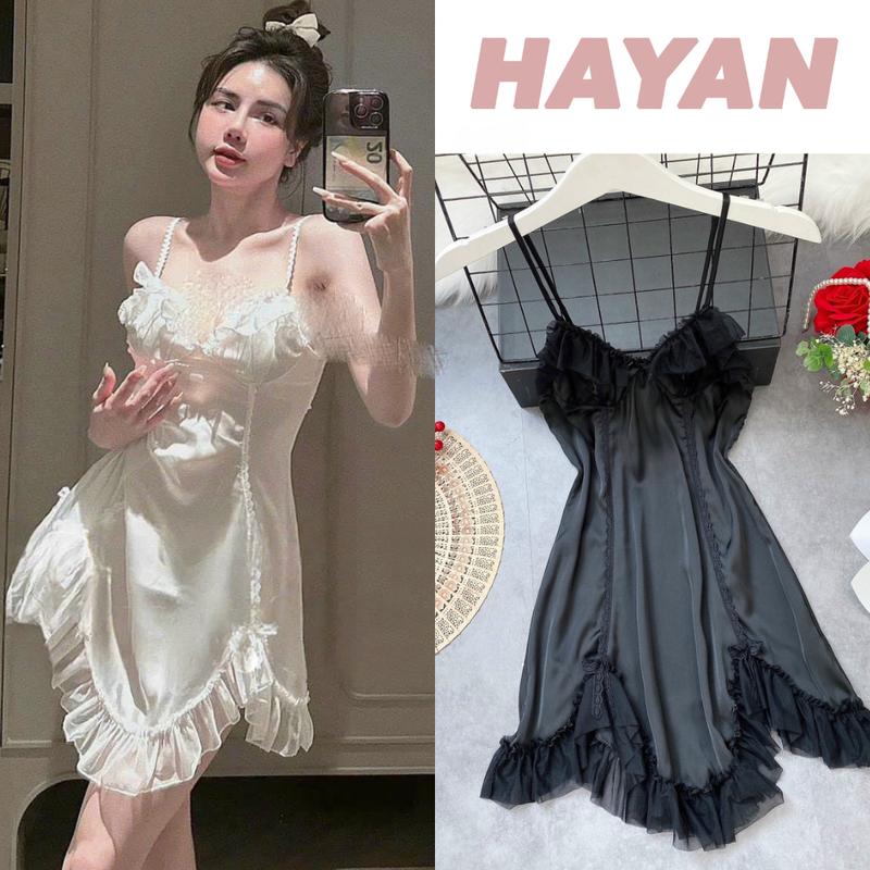 HT38 Váy ngủ sexy phối ren bèo tiểu thư đồ ngủ lụa 2s xẻ đùi tôn dáng