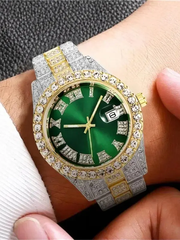 Men's Rhinestone Decorated Quartz Watch with Calendar Feature, Fashionable Round Dial Watch for Party, Daily Clothing Decor, Trendy All-match & Exquisite Watch for Birthday Gift with Box 5