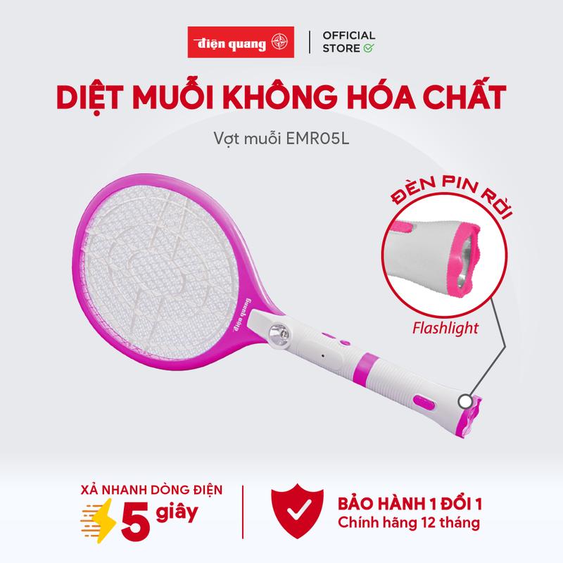 Vợt muỗi Điện Quang ĐQ EMR05L WPI ( Trắng - hồng ) bảo hành 12 tháng có đèn pin di động