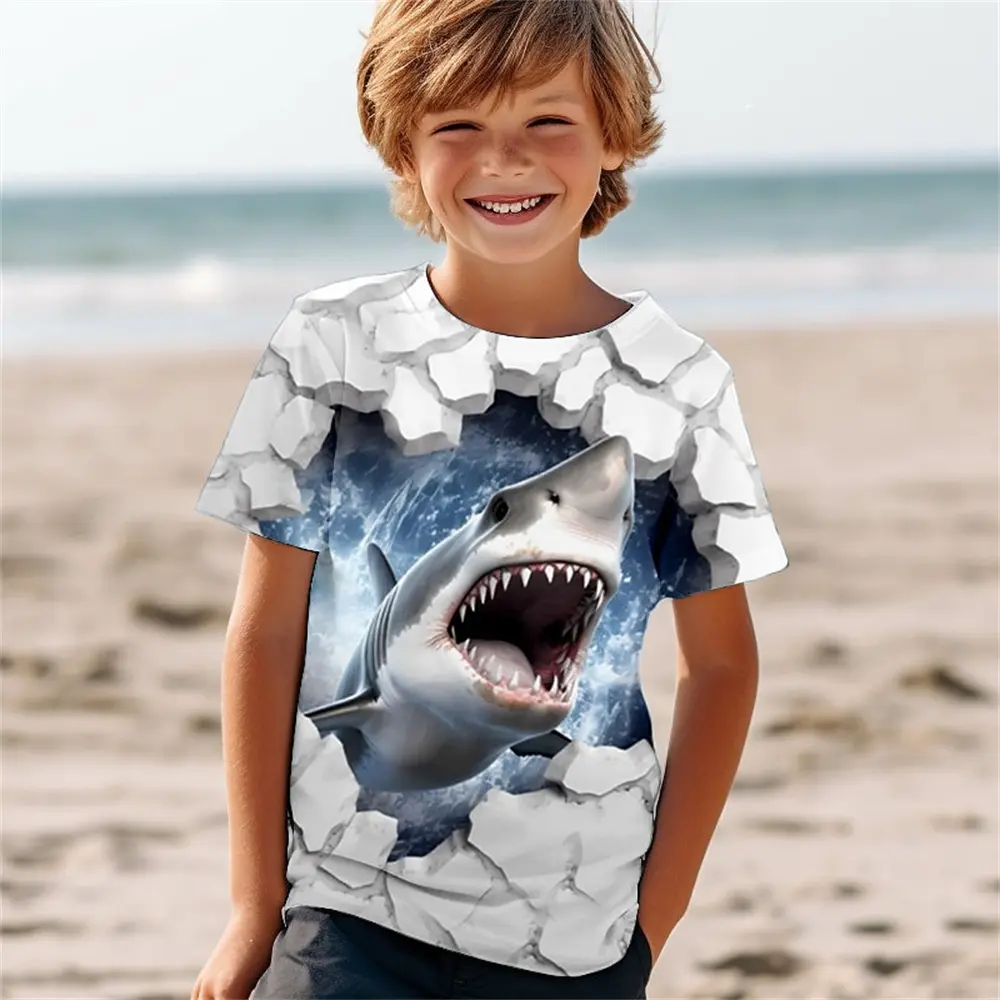 2024 Retro 3d Print Shark Boy Birthday Clothes Retro Boy T Shirts Kids Shark Animal T Shirt For Boys Short Sleeve Top Tee
