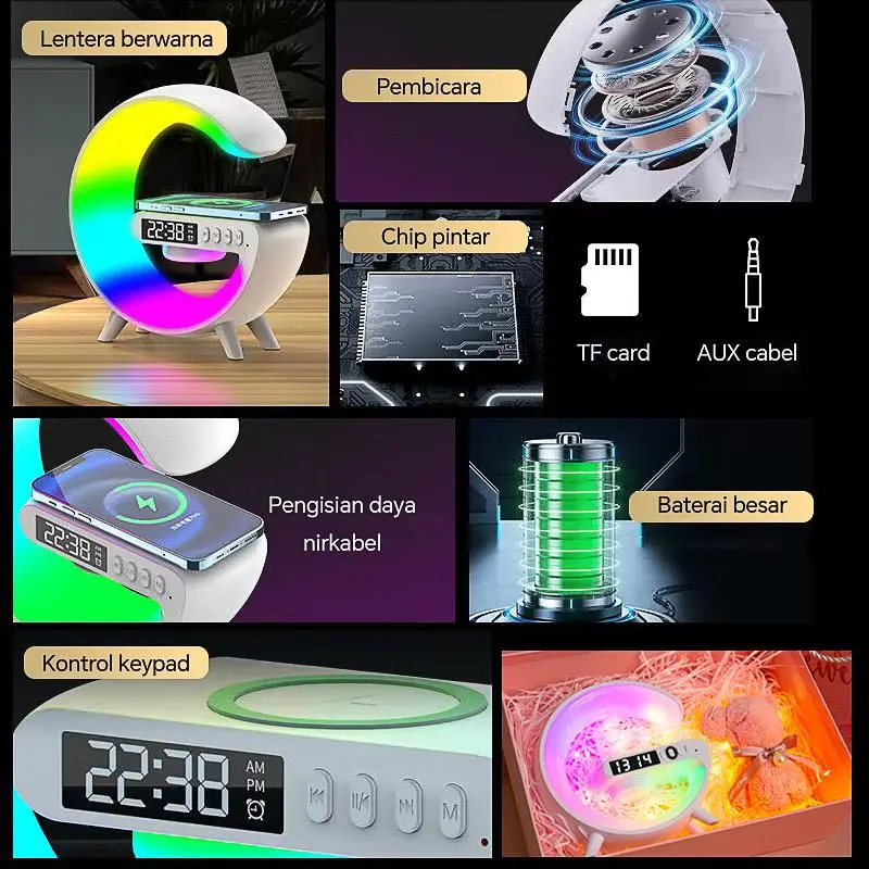 Ritm musik RGB speaker G63 Light al Speak 10W mobile wireless charger mendukung masukan AUX kartu TF Jam Led Ponsel Telepon Lighting Putih 2