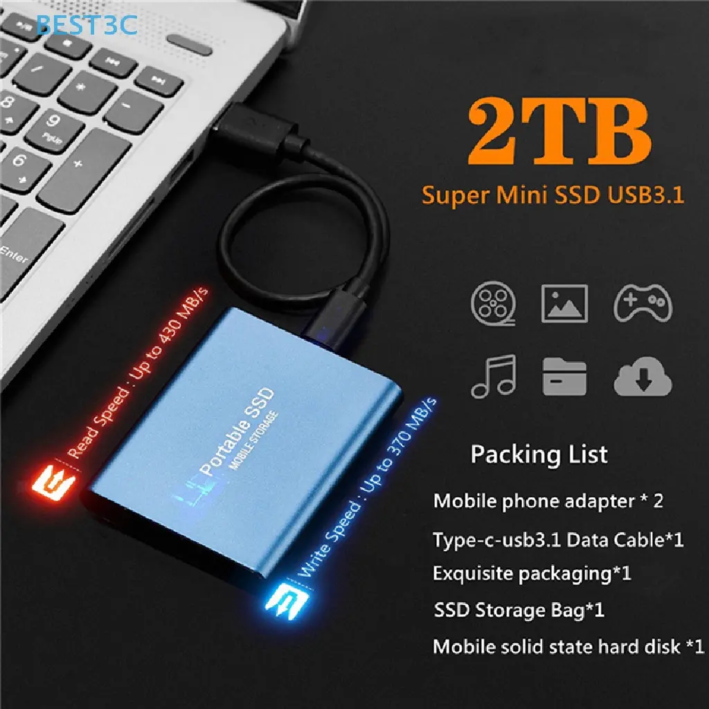 Best3c 4TB/2TB/1TBGB Mobile Hard Disk Type C USB3.1 SSD Portable Solid State Drive Best Selling
