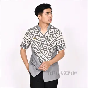 Kemeja Koko Pria - BELAZZO Kemeja Koko Abu/Grey Putih A Series Tenun  Mix Katun Premium Fit Motif Kombinasi Baju Muslim Lengan Pendek