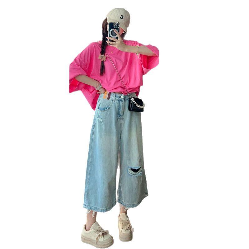  Quần Cropped Denim Rách Phong Cách Cổ Điển Dành Cho Trang Phục Mùa Hè Của Phụ Nữ Quần Ống Đứng Rộng Thùng Thình Cạp Cao Quần Baggy Quần Ống Rộng Thường Ngày 