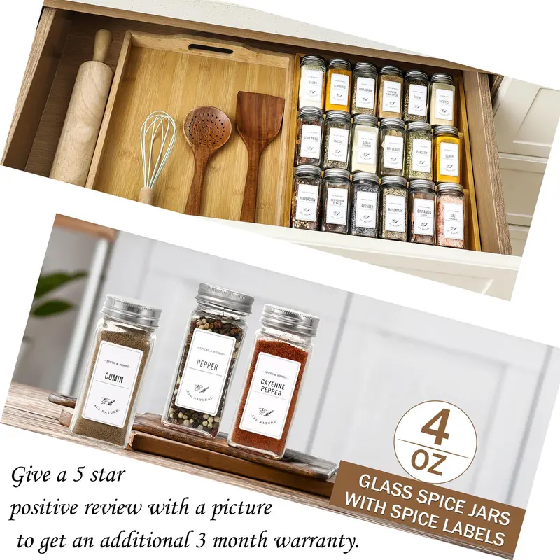 Glass Spice Jar Set, 12/24pcs Airtight Square Containers with Lids Brushes & Labels, Stylish Kitchen Storage & Father's Day Gift (120ml, Easy-pour One-hand Use) 4