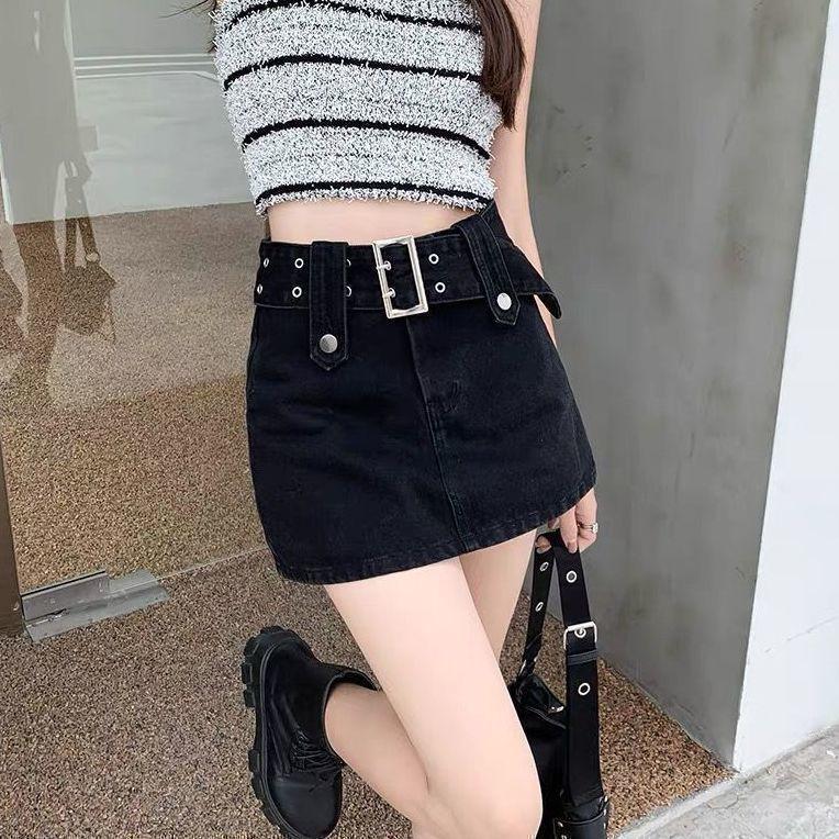 Chân Váy Denim Chữ A Cạp Cao Phong Cách Cô Gái Nóng Bỏng, Hàng Mới Về Mùa Hè Của Phụ Nữ, Chân Váy Ngắn Bó Dễ Phối Đồ Màu Đen, Thích Hợp Cho Quần Short, Thiết Kế Thời Trang 0