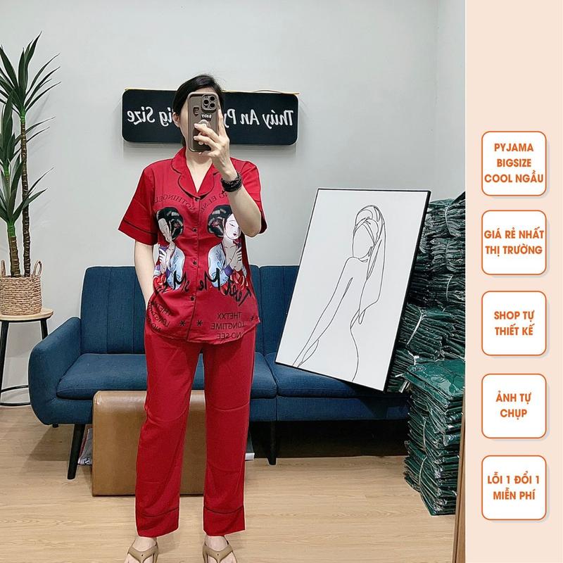 Bộ Pijama Bigsize hình 2 cô gái màu đỏ cộc dài mặc nhà dành cho nữ có size từ 40kg đến 90kg