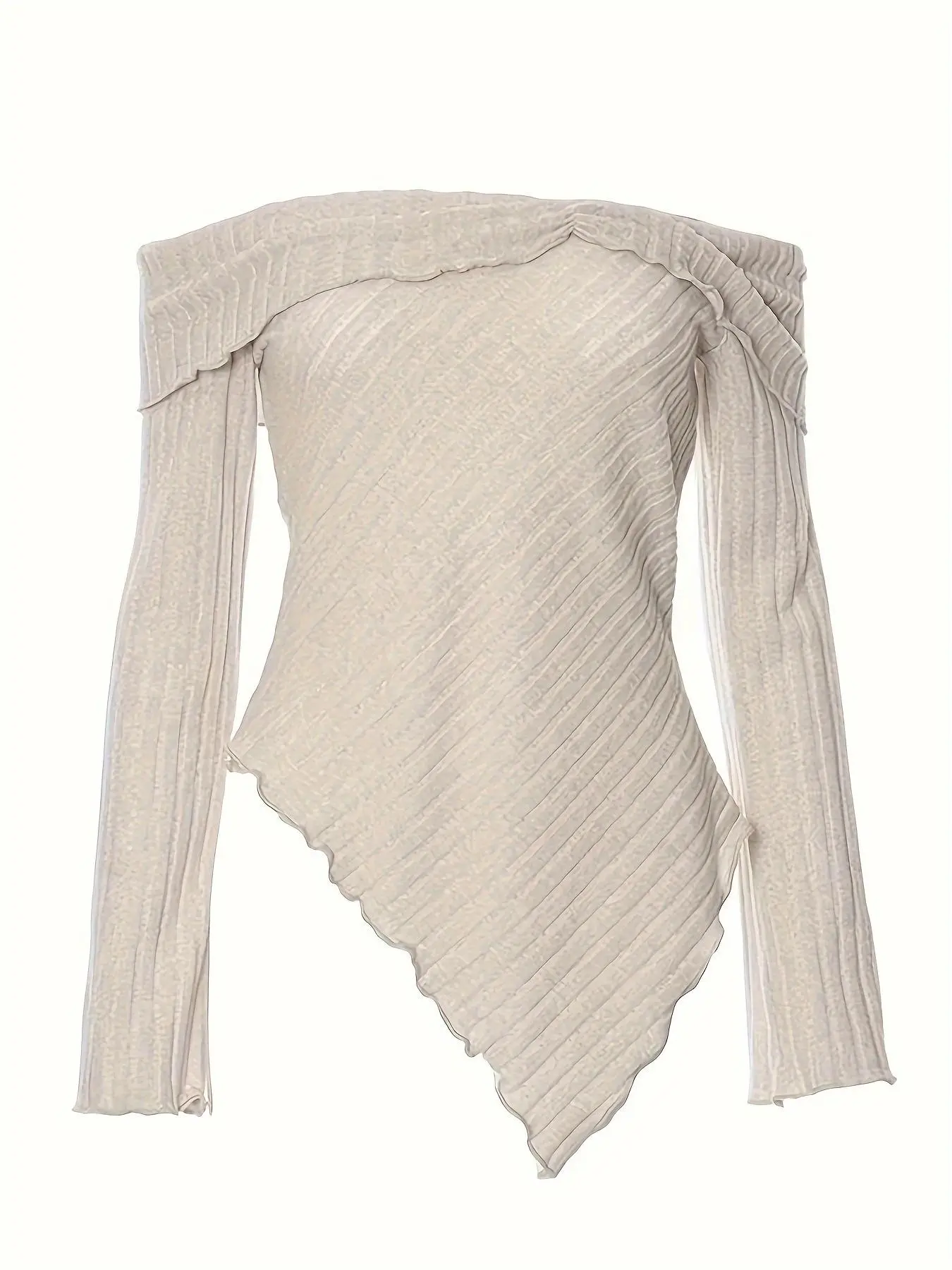 Women's Plain Lettuce Trim Off Shoulder Sweater, Casual Asymmetrical Hem Long Sleeve Jumper for Daily Outdoor Wear, Ladies Knitwear for All Seasons