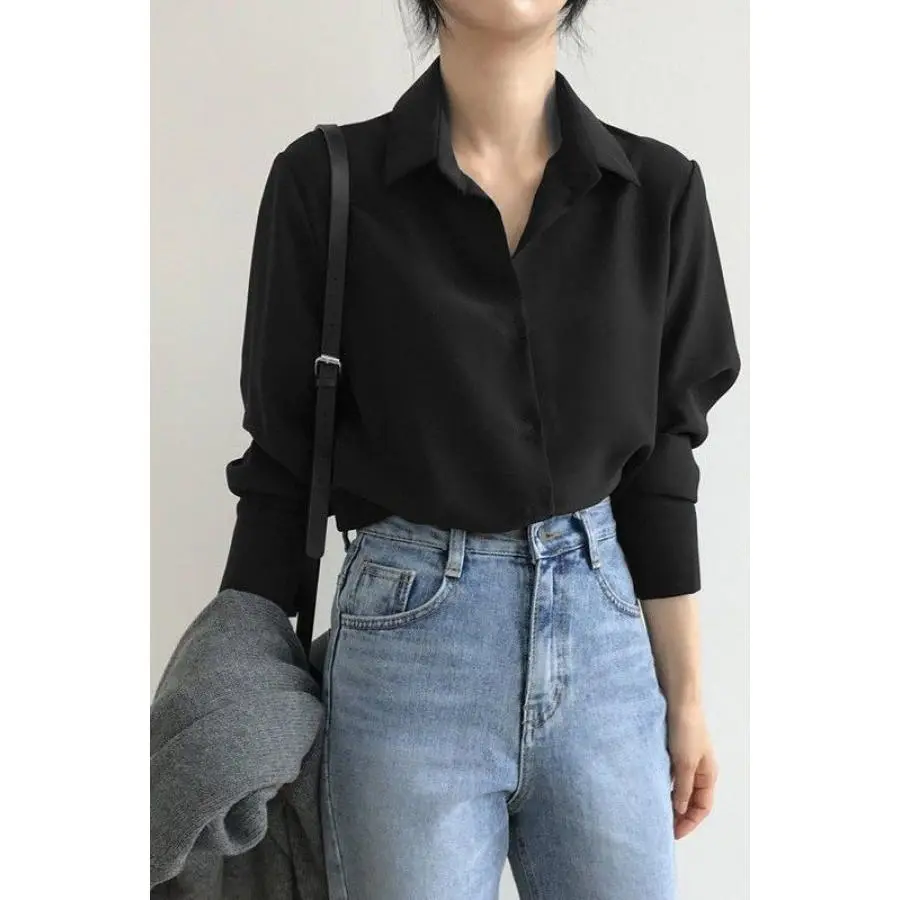 T Shirts for Women Chiffon Shirt for Women 2023 Spring New Korean Style Loose Slimming Bottoming Shirt Black Business Ol Versatile Top Fashion