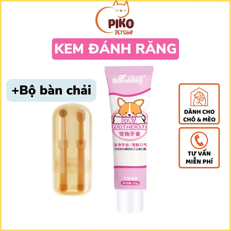 Kem đánh răng cho chó mèo Borammy kèm bàn chải đánh răng thú cưng - Piko Petshop 0