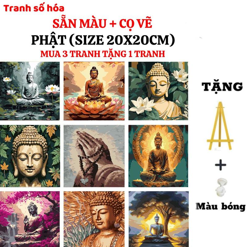 Tranh tô màu theo số PHẬT kích cỡ 20x20cm, Mua 1 tranh Tặng 1 kệ để tranh, 1 màu bóng, màu tô,cọ vẽ, móc treo tranh, mua 3 tranh tặng 1 tranh, tặng 4 kệ gỗ, 4 màu bóng