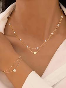 Conjunto de Joyería para Mujer con Diseño de Corazón Decorado con Perla Falsa, Collar y Pulsera Exquisitos y Modernos, Conjunto de Joyería Chic como Regalo para Novia