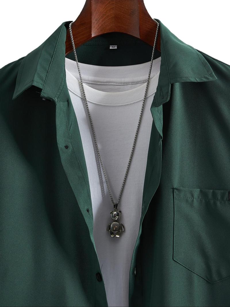 Product Introduction of Men's Summer Clothes, Button Front Patched Pocket Shirt Without Tee & Necklace, Loose Short Sleeve Collared Top, Men's Clothes For Daily Wear 8
