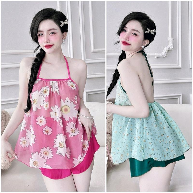 Đồ ngủ 2 dây nữ Mẫu áo yếm cột dây quần đùi Lụa Voan phối Latin mềm mát women