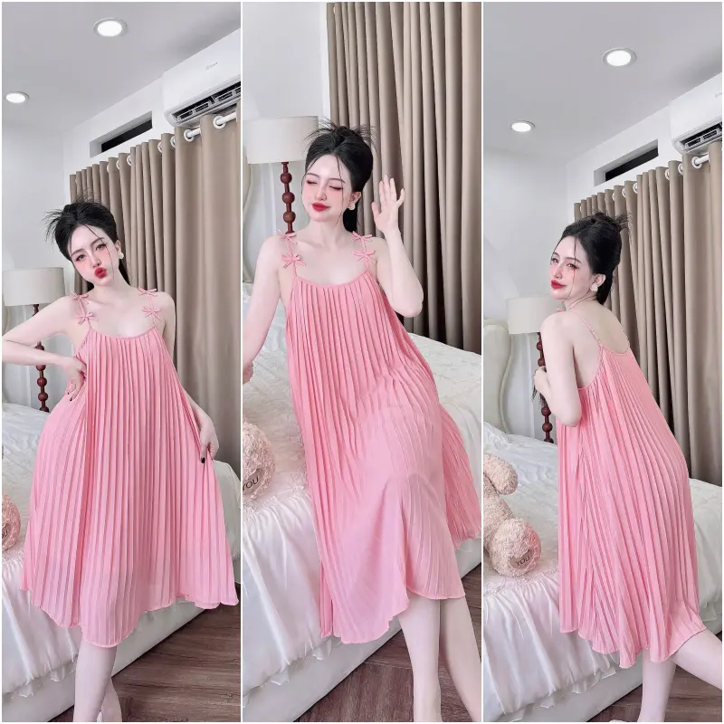 Đầm ngủ xếp ly bigsize 2dây đính nơ chất voan chiffon mềm mịn kèm cột tóc size 40-70kg