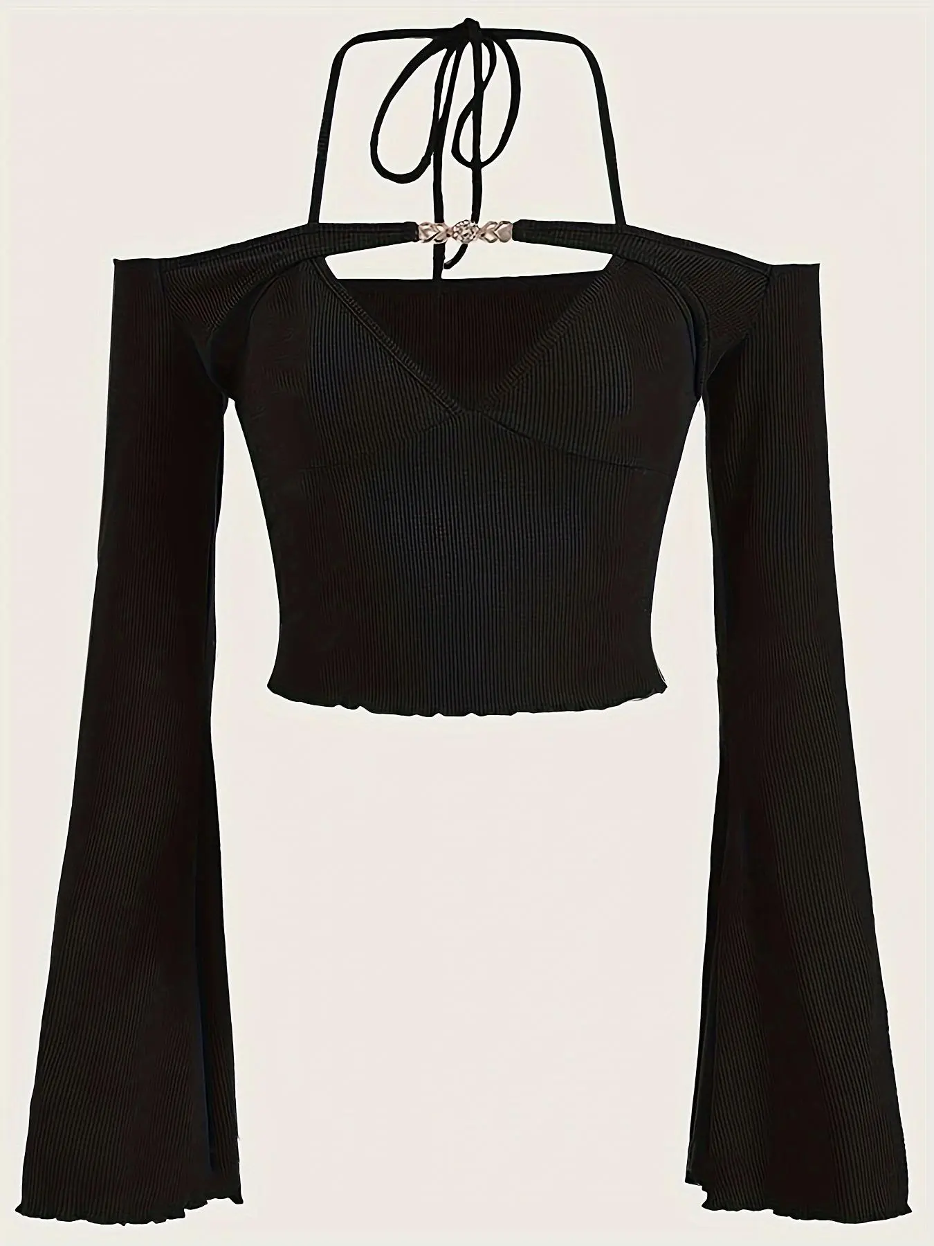 Women's Chain Decor Cut Out Lettuce Trim Off Shoulder Crop Tee, Elegant Fashion Flounce Sleeve Ribbed Cropped T-shirt for Daily Outdoor Wear, Ladies Clothes for All Seasons