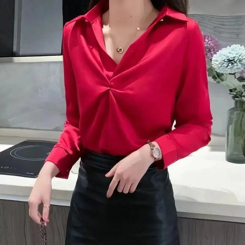 Áo Sơ Mi Lụa Giả Cho Nữ, Áo Dài Tay, Thiết Kế Mới, Thời Trang Đặc Biệt, Đa Năng, Duyên Dáng, Lớp Cơ Sở, Mùa Xuân 7