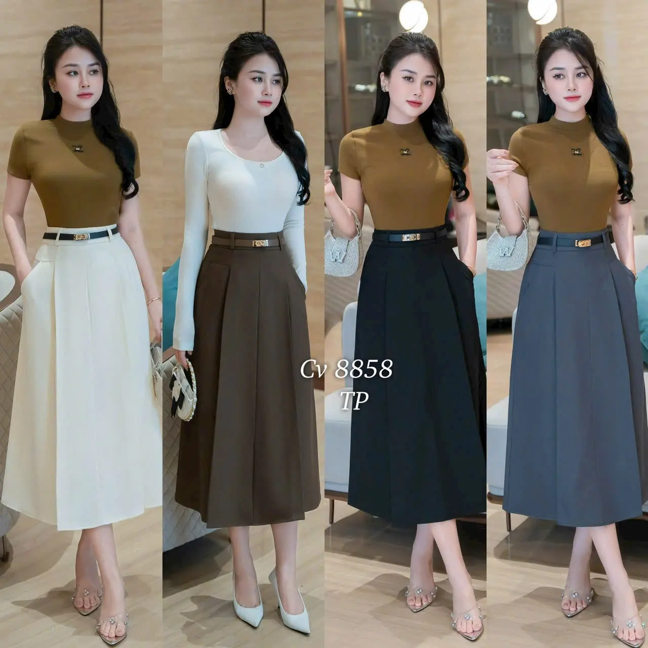 Chân Váy Công Sở Thời Trang Chân Váy xếp ly chữ A kèm Đai dáng dài fom vừa che khuyết điểm Nữ Women