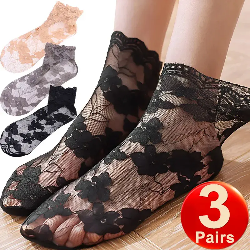3Pairs Women Invisible Lace Socks Thin Ladies Lace Boat Socks Hollow Out Non-slip Shallow Transparent Sock for Women Girls