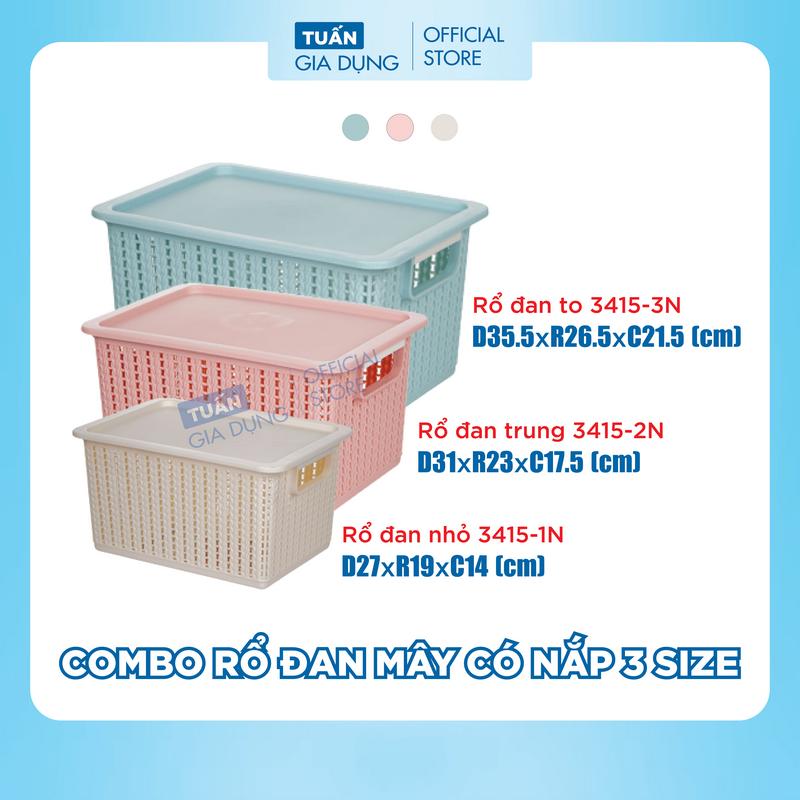 Combo 3 rổ Giỏ có nắp đậy đựng đồ đa năng quần áo đồ chơi có nắp 3 size 3415-N nhựa Việt Nhật