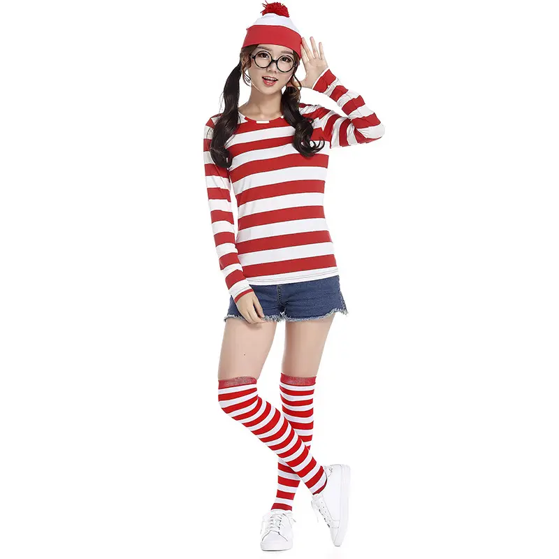 Adult Women Christmas Xmas Red Where's Wally T Shirt Hat Set Halloween Role Play Dress Up Cosplay Costume