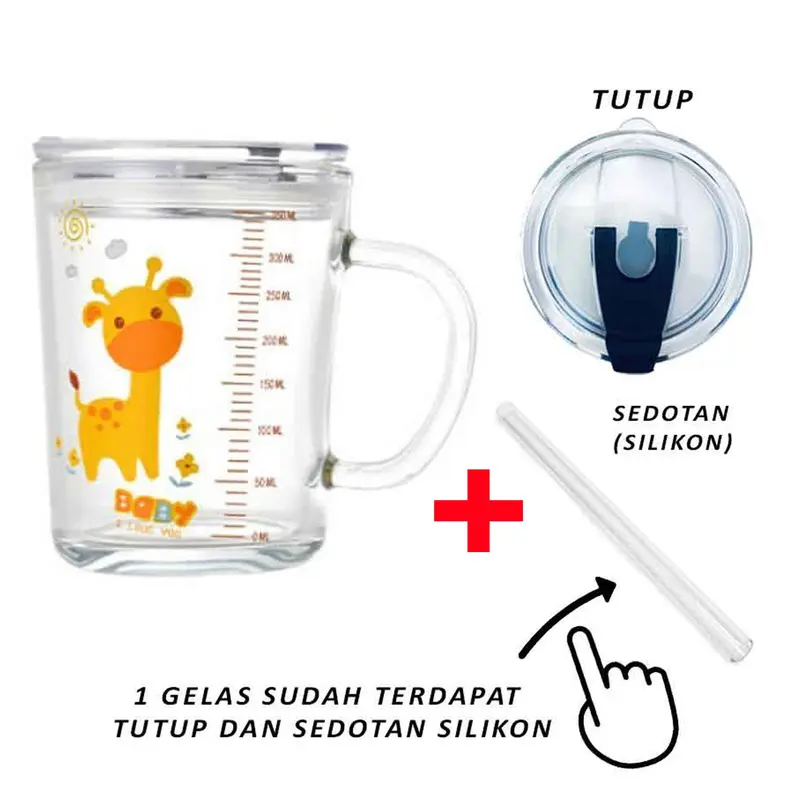 Gelas Kaca / Gelas Minum Kaca Karakter / Gelas Kaca & Gagang Silikon / Minuman 400ml 1