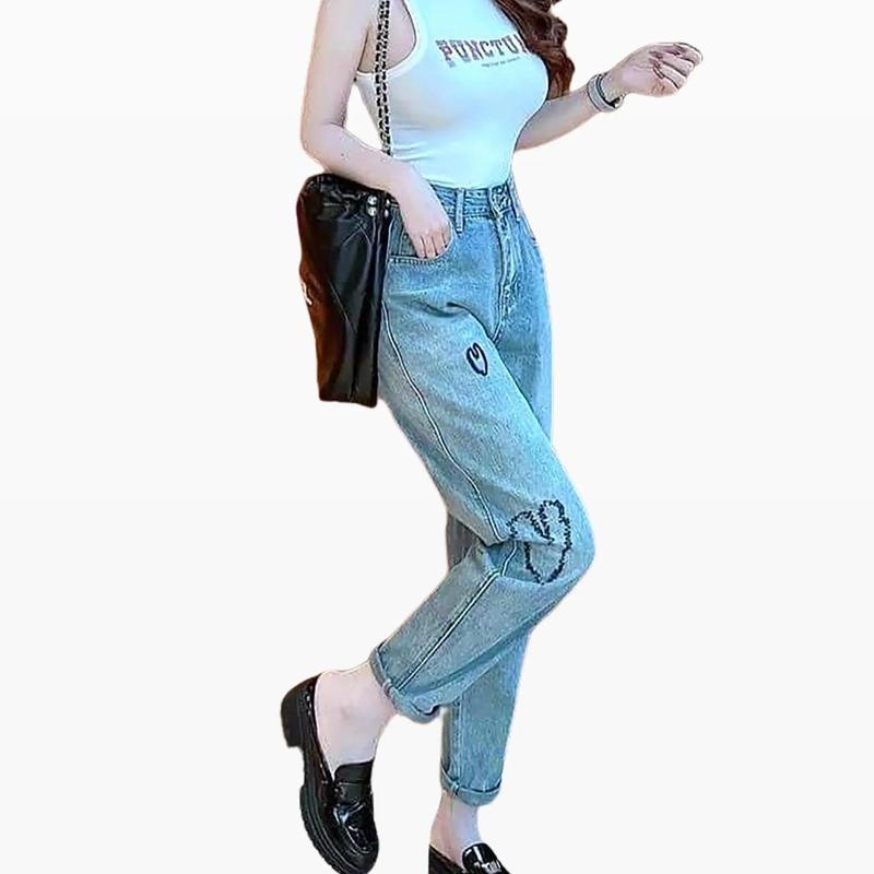Quần baggy jean nữ BigSize Lưng Siêu Cao, Thêu Trái Tim, Màu Xanh Phủ Bụi thời trang MLJ0018 Pants Denim Women quần jeans nơ Rách