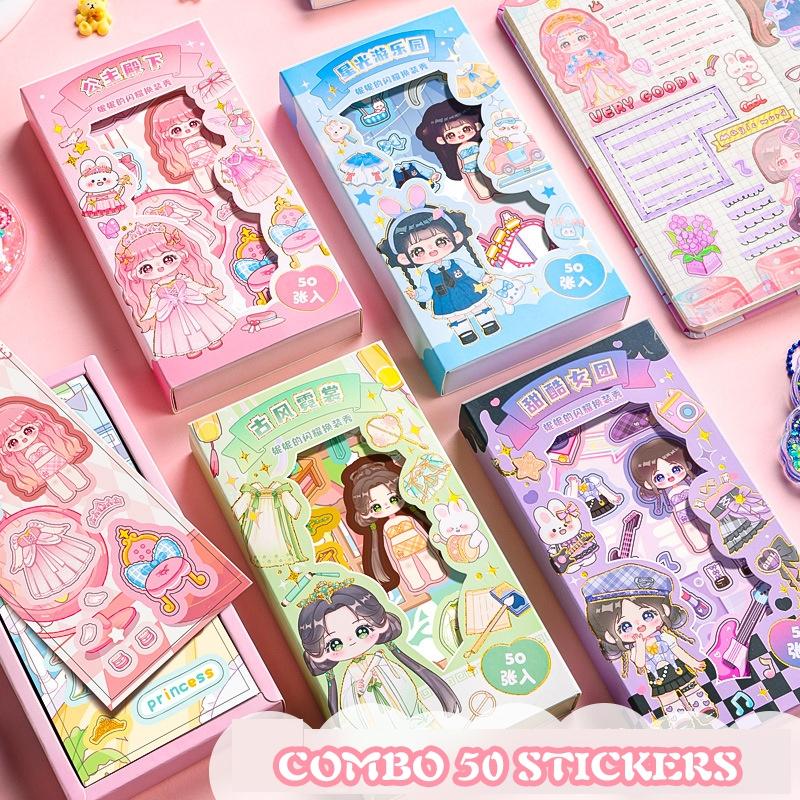Đồ chơi hộp 50 hình dán sticker hoạt hình đầm công chúa combo đầm dự tiệc miếng dán cho bé gái dễ thương