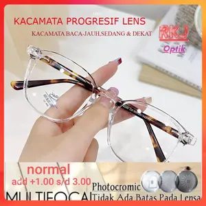 RKJ Optik Kacamata Progresif Photocromic Bluecromic untuk Baca dan Jalan Pria Wanita Normal Add +1,00 s/d +3,00 Include Lap Kacamata Cairan Pembersih Hardcase Box