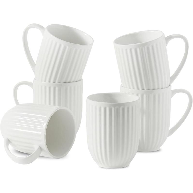 Modern Style White Latte Mugs Set of 6, 16 Oz Large Ribbed Coffee Cups ...