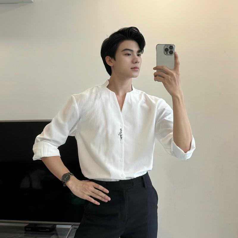 Áo sơ mi nam nữ dài tay Gimme cổ áo cách điệu chữ V chất đũi sần cao cấp SIXHUMAN HM051 Menswear