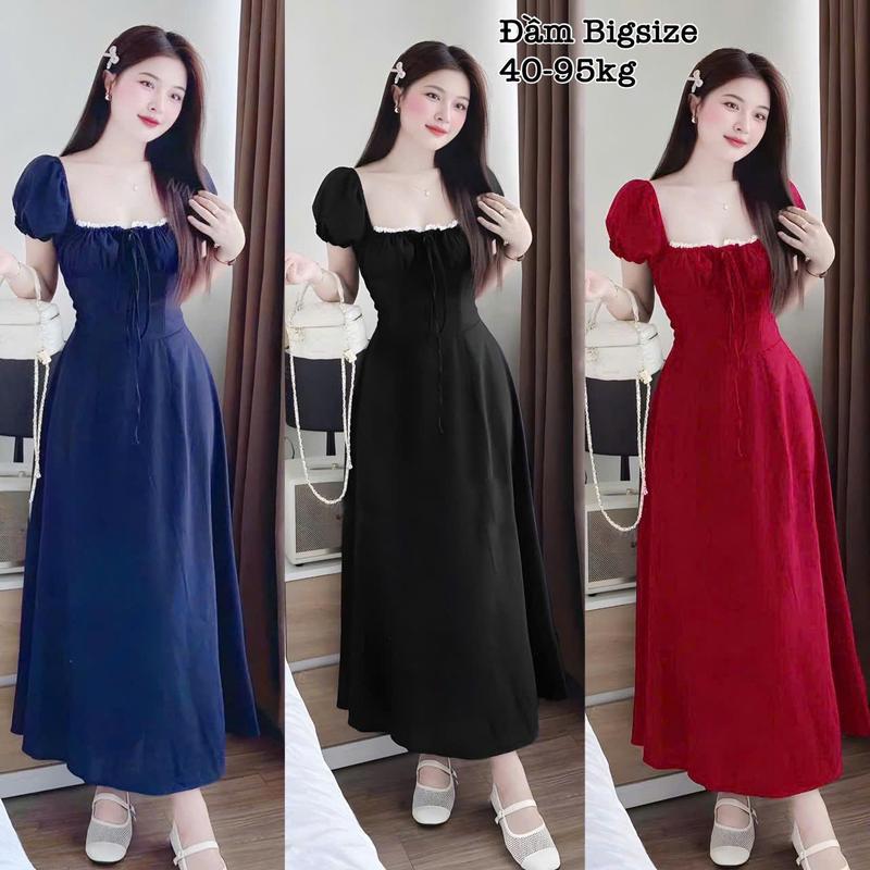  Đầm Váy Nữ Buộc Nơ Phối Ren Thiết Kế Cổ Vuông Nhún Ngực Bèo Tiểu Thư Lụa Chéo Hàn Xinh Đẹp Thời Trang 40-95kg - 2486 