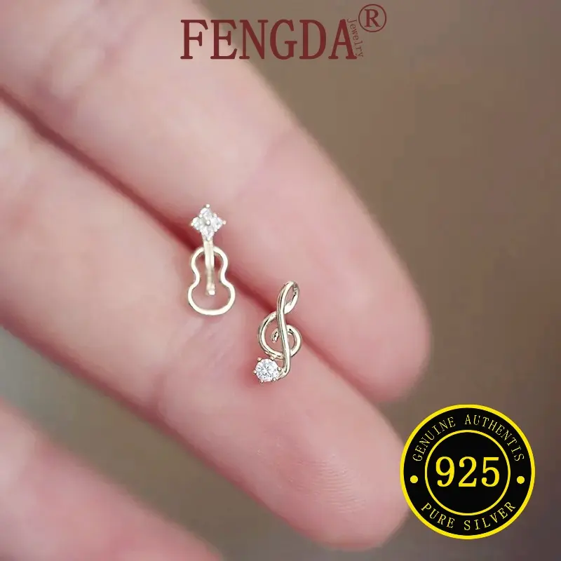 Bông Tai Đinh tán Vĩ Cầm, Ghi Chú Âm Nhạc Bất Đối Xứng, Cắt Zircon Dát Nhỏ Hàng Ngày, Màu Vàng Kim, [Thanh Toán Khi Nhận Hàng]