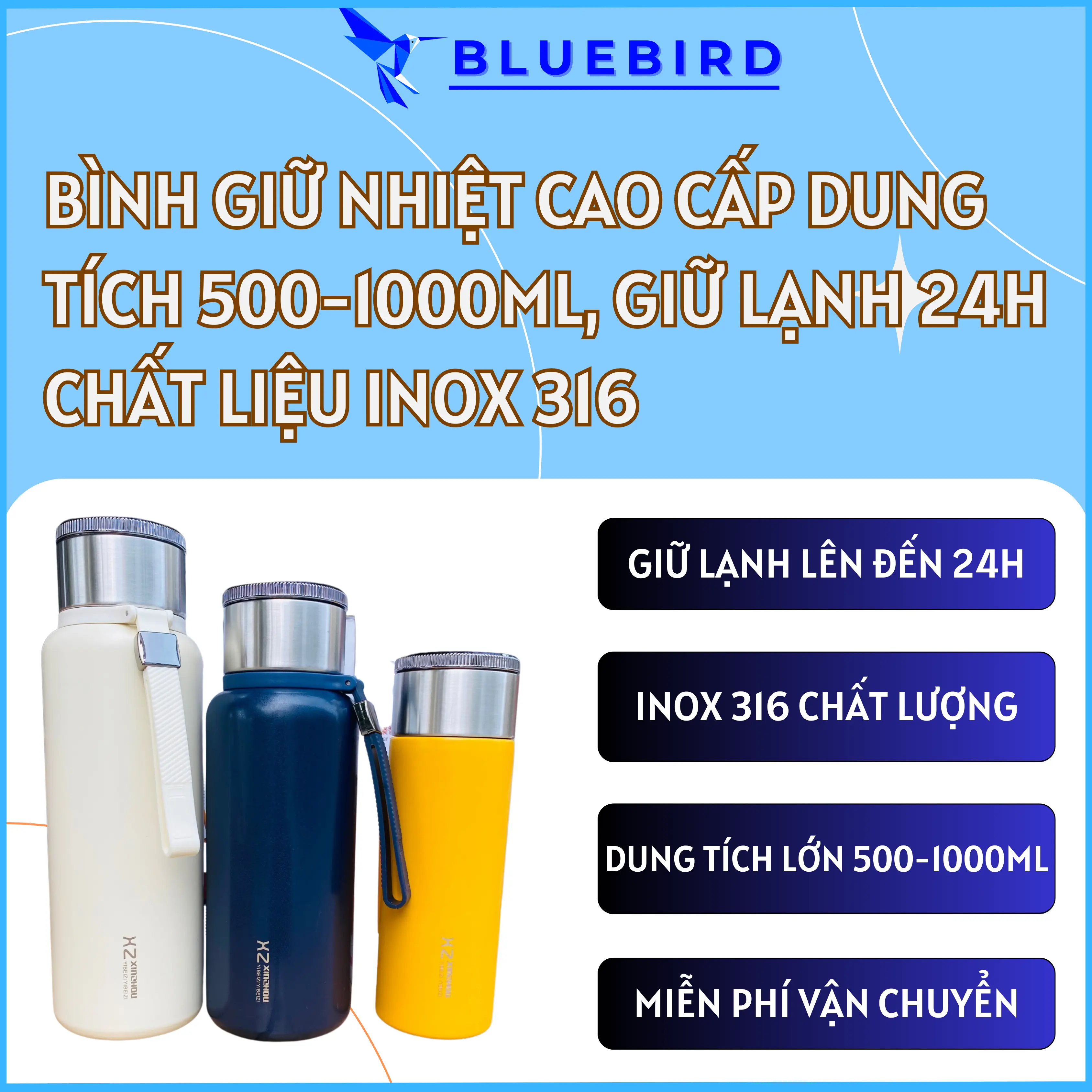 Bình Giữ Nhiệt Cao Cấp XZ Cỡ Lớn Thể Tích 500-1000ml, Vật Liệu SUS 316 An Toàn, Giữ Nóng Lạnh Lên Đến 24h, Quai Sách Tiện Lợi, Lọc Trà Kiểu Mới