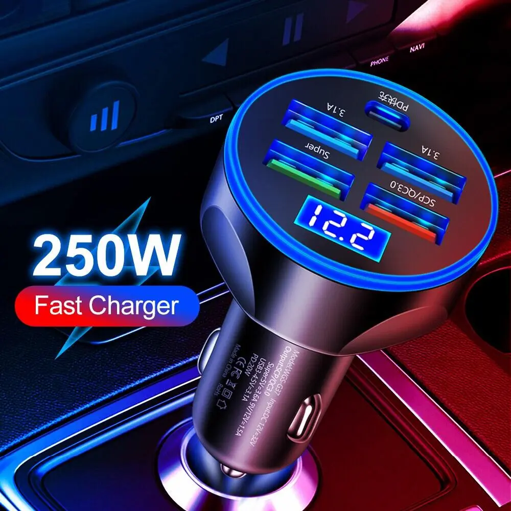 Pengecas Kereta, 4usb PD 250W, Pengecasan Pantas Jenis C, Penyesuai Telefon Bimbit Auto, Untuk iPhone, Samsung, Huawei, Xiaomi, QC 3.0 Car Putih