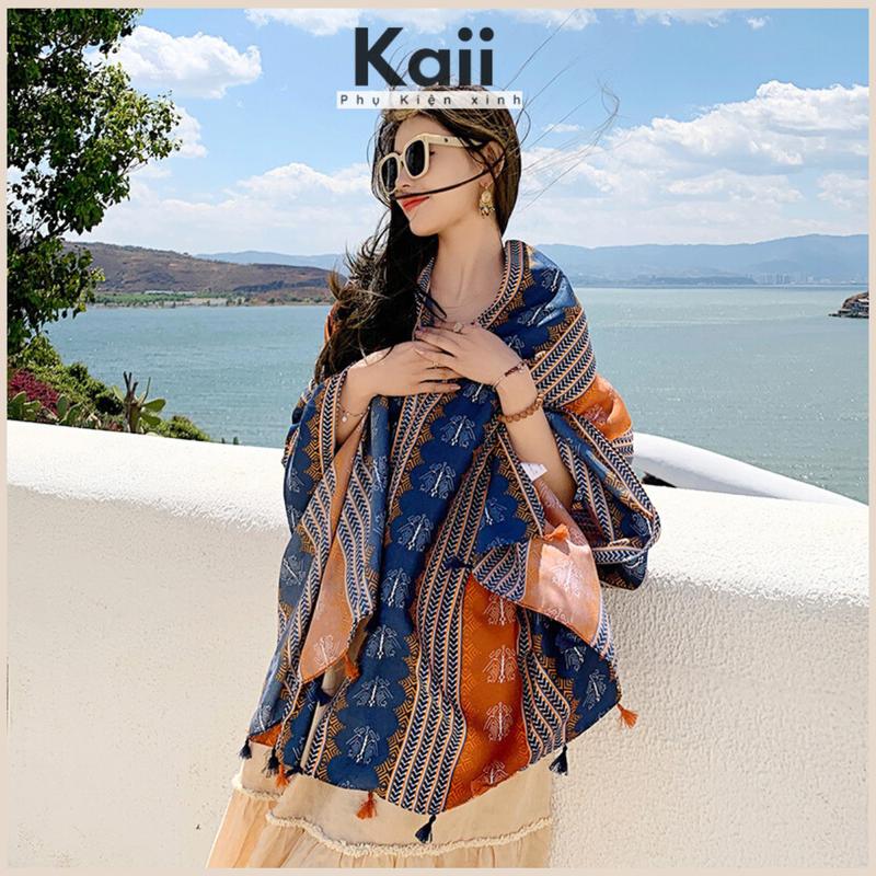 Khăn choàng đi biển khăn quàng cổ nữ du lịch hoạ tiết thổ cẩm nâu cam KC416  Khăn Nữ Thổ cẩm Quàng Cổ