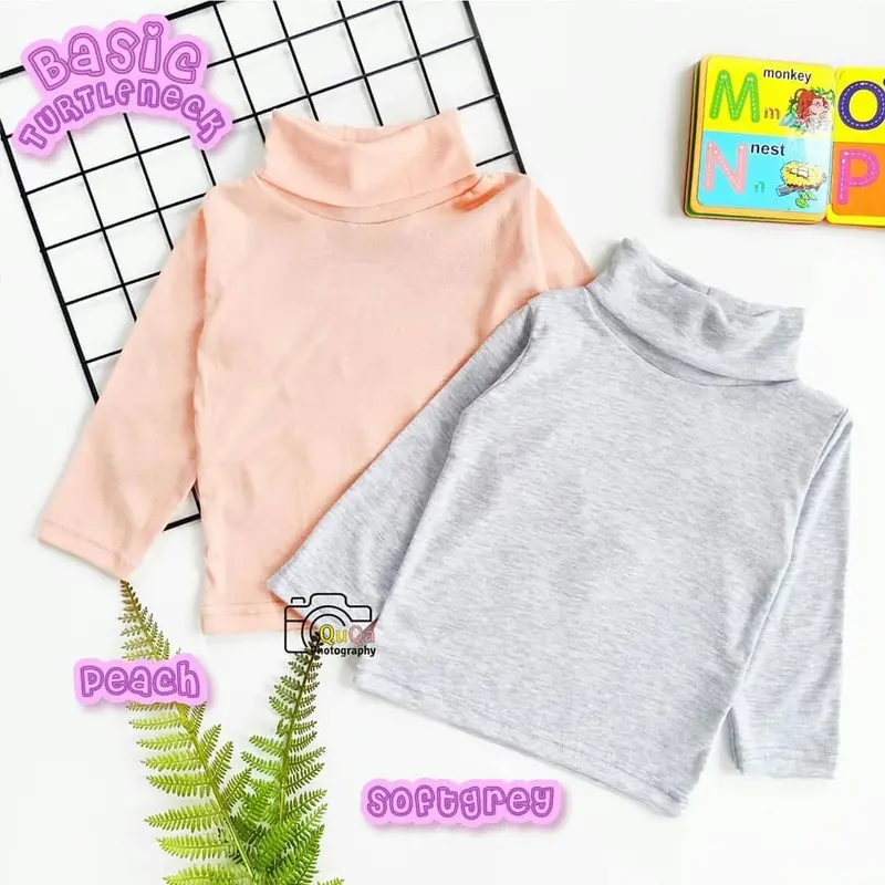 Baju Kaos Turtleneck leher tinggi anak usia 4 - 12 tahun lengan panjang bahan katun rib Crew Neck fashion 5