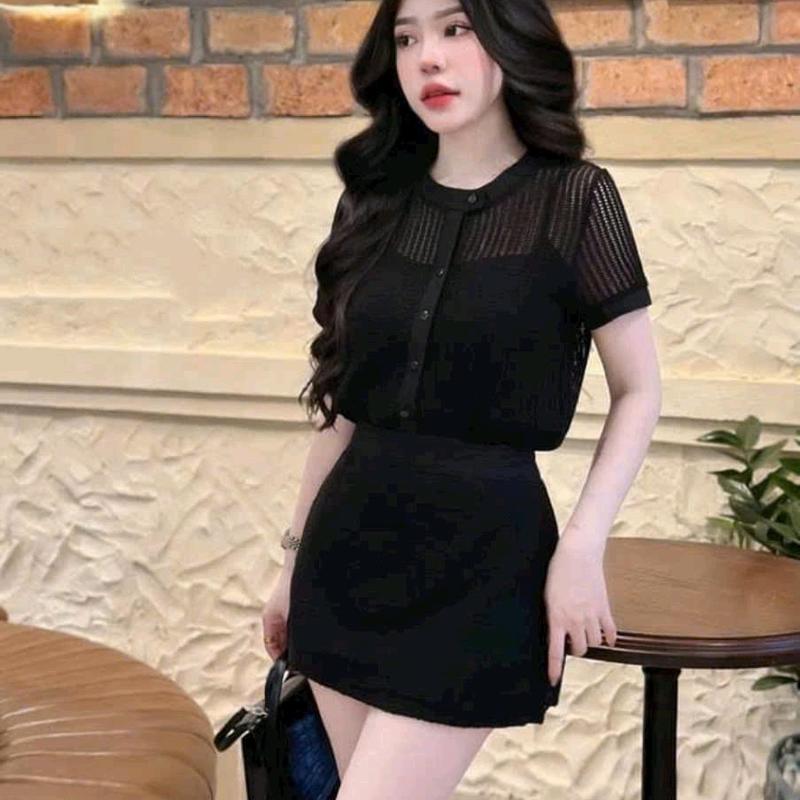 (free size eo duới 74cm) Set áo Nữ ren lỗ cổ tròn có lót kèm chân váy có lót quần Women Dress 4