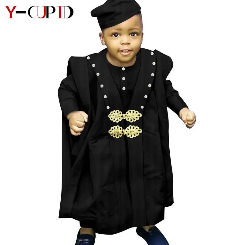 African Boy Outfit Bazin Riche Muslim Jacquard 4 Pieces Sets Tee Pant Robes and Cap Kids Children Suits Agbada Outwear Y234017 7