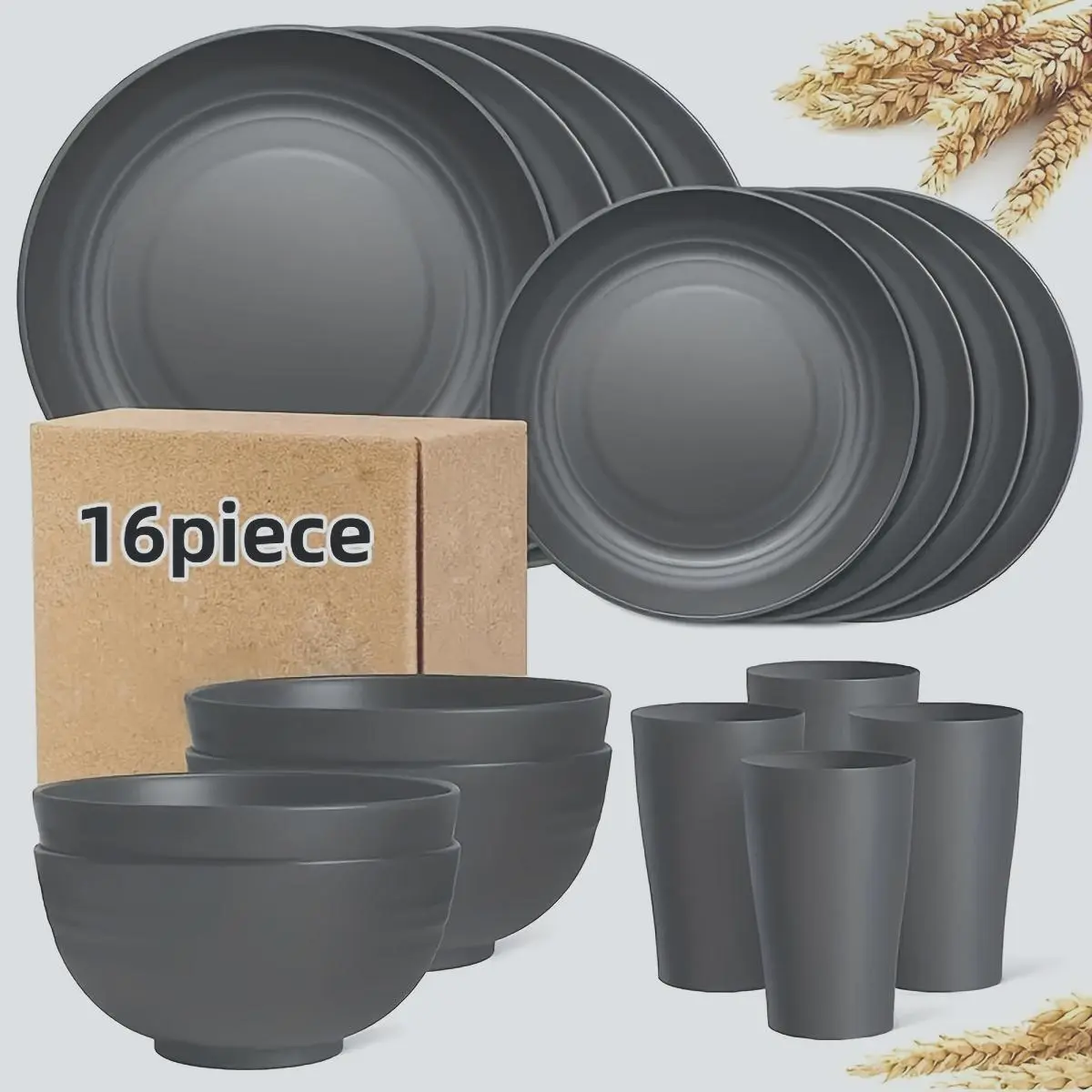 Wheat Meal Dish Plate & Water Cup Set, 16pcs/set Including Bowls & Plates & Cups, Household Tableware Set for Home Kitchen Dining Room