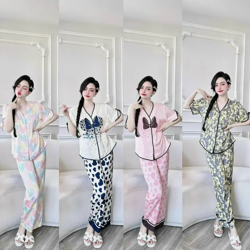 (40-76kg) Pijama Đồ bộ ngủ dành cho nữ cổ tròn tay ngắn quần cộc lụa xước ánh kim 40-76kg 3