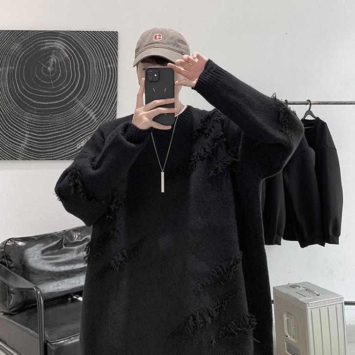 Áo sweater form rộng chất len phối rách Unisex Ulzzang Hàn Quốc nam nữ Big Size Áo sweater trơn nam nữ form rộng áo tay dài unisex chất len rách học sinh áo len kiểu cá tính