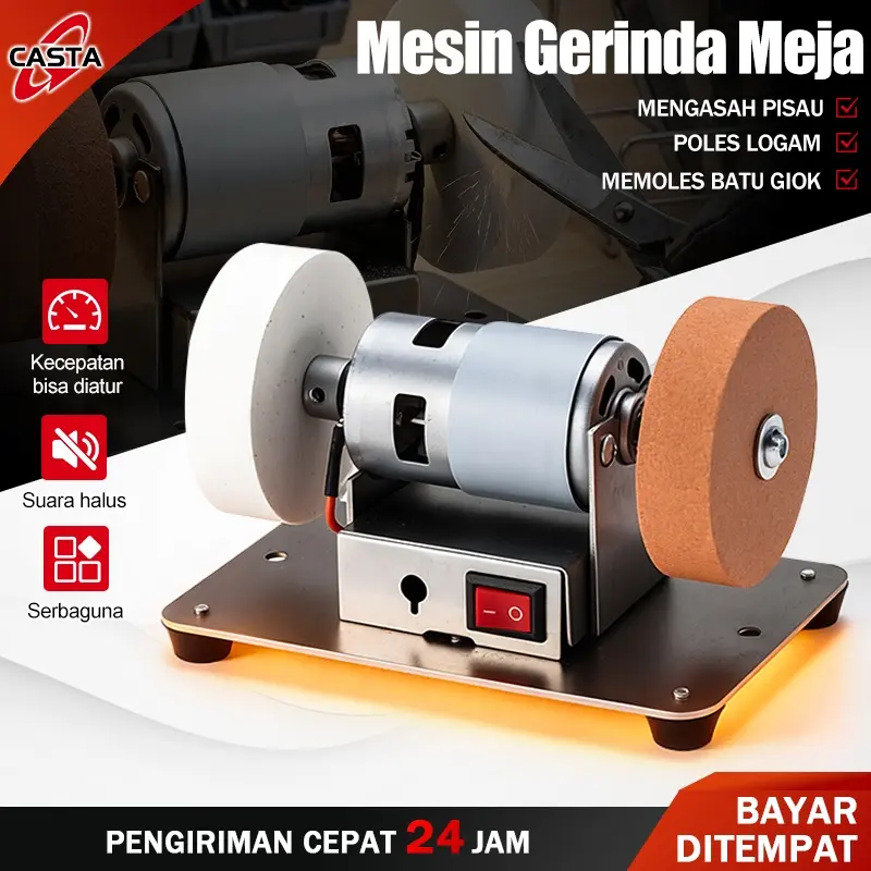 CASTA Mesin Gerinda Meja Mini Elektrik Alat Amplas Poles Roda Ganda 96W Kecepatan Dapat Diatur Tujuh Tingkat Untuk Kebutuhan Kerajinan Tangan DIY Asahan Pisau Multifungsi Desain Ringkas Praktis Digunakan Berkualitas Tinggi Performa Putaran Sangat