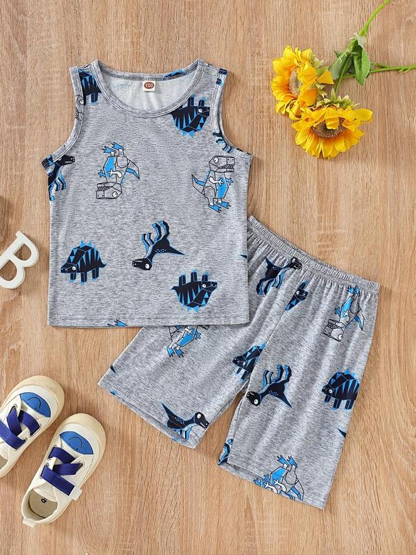Toddler Boy's Cartoon Dinosaur Print Tank Top & Shorts Set, Casual Sleeveless Top & Shorts, Summer Outfits Clothes for Kids 0