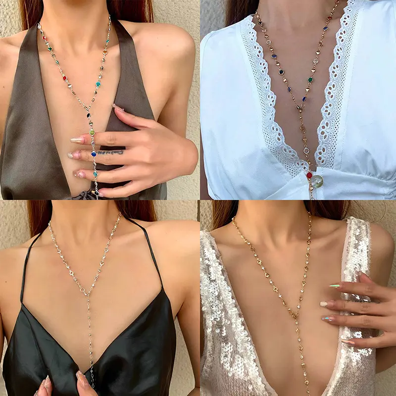 [zyy]Fashion Colorful  Long Y-shaped Necklace Metal Collarbone Chain   Color Tassel Necklace Party Body