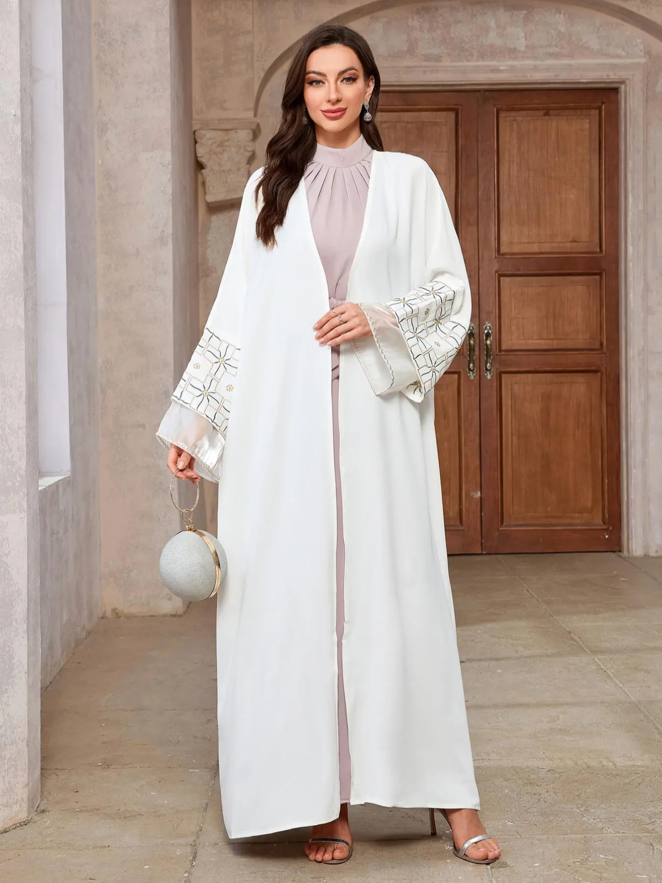 Women's Embroidery Contrast Mesh Abaya, Elegant Long Sleeve Open Front Abaya, Women's Islamic Clothing for Fall & Winter