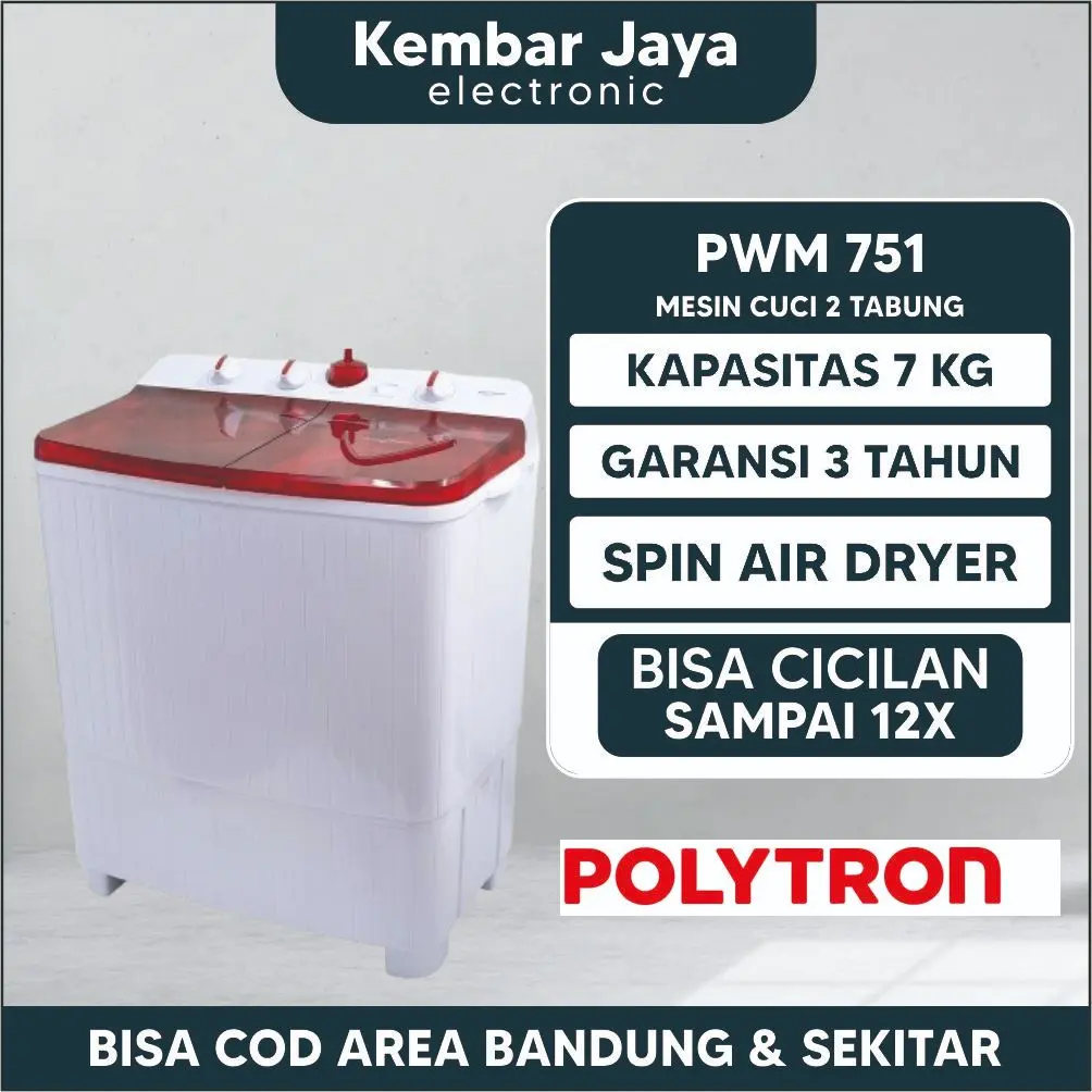 mesin cuci Polytron 2 tabung 7,5 kg type pwm 751 garansi resmi